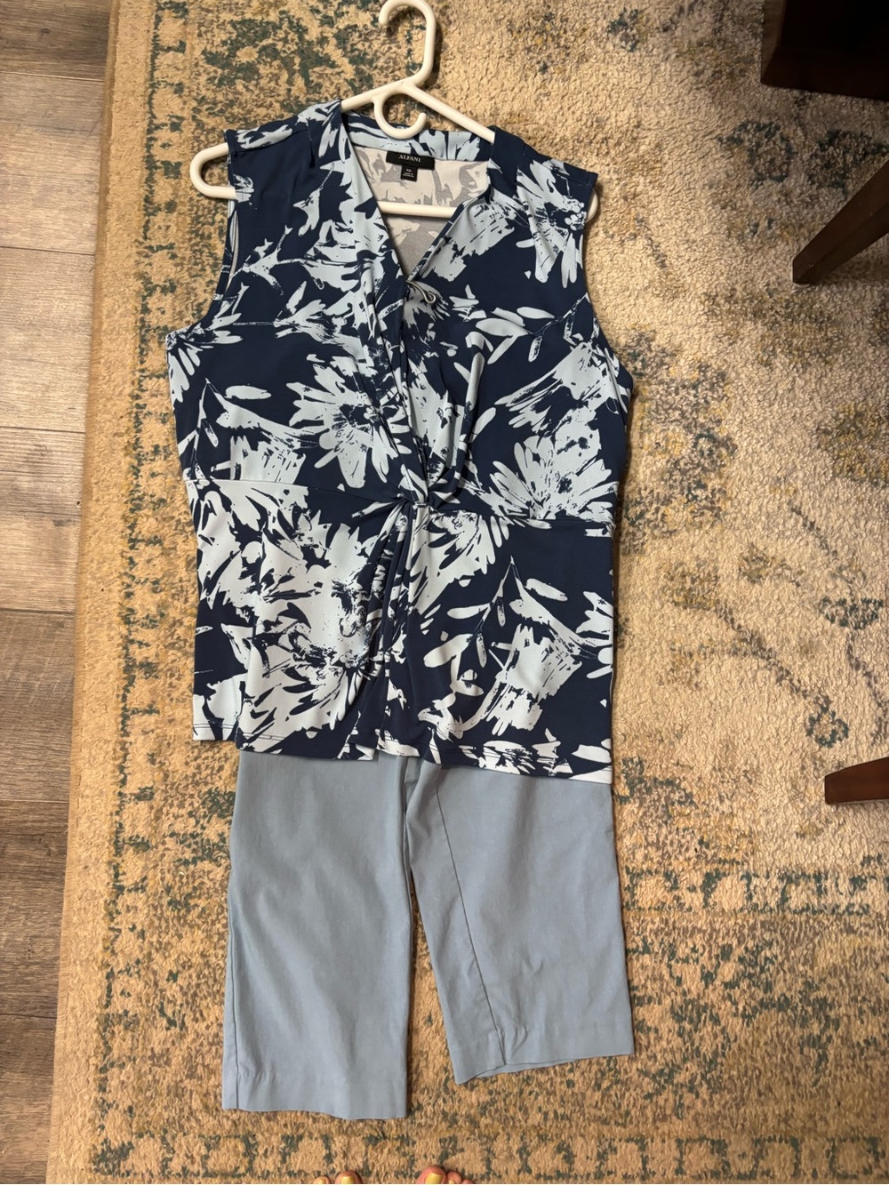 Alfani Navy & White Floral Twist-Front Top with Light Blue Capris